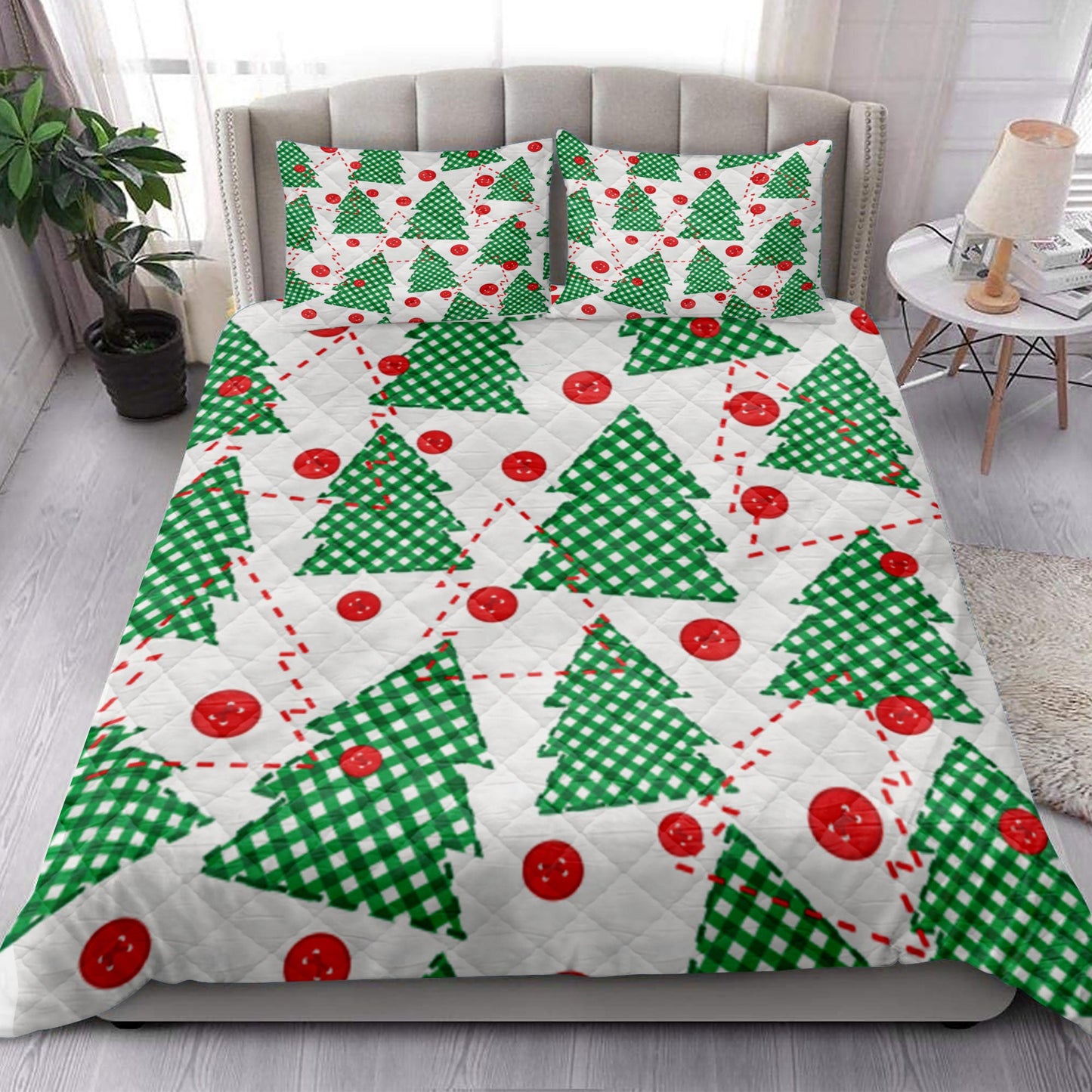 Christmas Quilt Set, Christmas Tree Patchwork Green Xmas Holidays Quilt Blanket With Pillowcases, Quilt Bedding Set, Christmas Gift