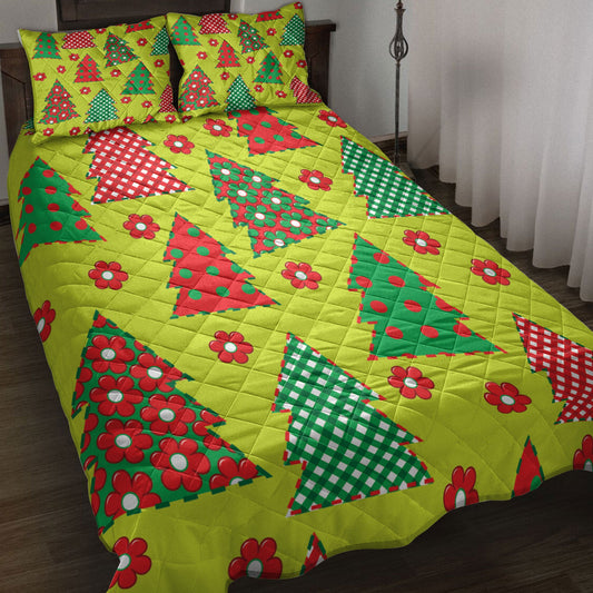 Christmas Quilt Set, Christmas Wrapping Paper Flower Red Plaid Xmas Holidays Quilt Blanket With Pillowcases, Quilt Bedding Set, Christmas Gift