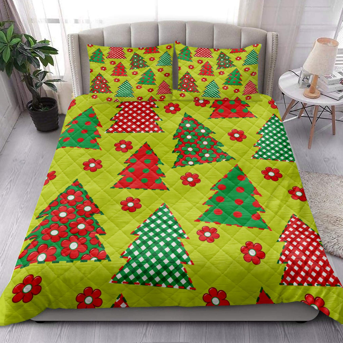 Christmas Quilt Set, Christmas Wrapping Paper Flower Red Plaid Xmas Holidays Quilt Blanket With Pillowcases, Quilt Bedding Set, Christmas Gift
