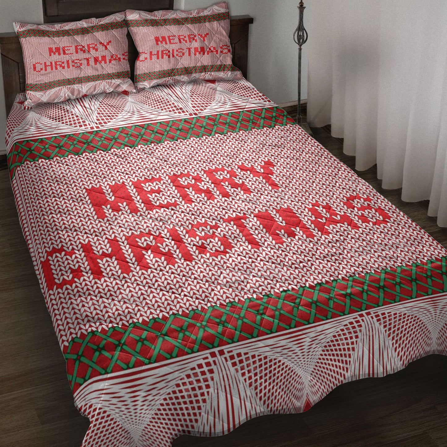 Christmas Quilt Set, Merrymas Knitted Red Plaid Xmas Holidays Quilt Blanket With Pillowcases, Quilt Bedding Set, Christmas Gift