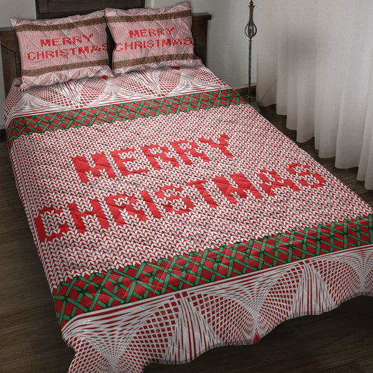 Christmas Quilt Set, Merrymas Knitted Red Plaid Xmas Holidays Quilt Blanket With Pillowcases, Quilt Bedding Set, Christmas Gift
