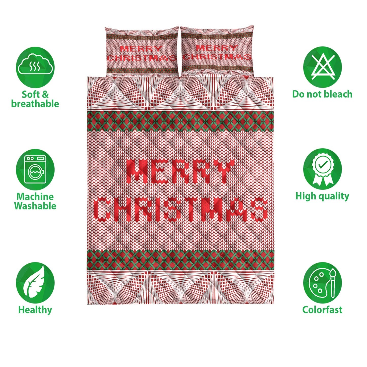Christmas Quilt Set, Merrymas Knitted Red Plaid Xmas Holidays Quilt Blanket With Pillowcases, Quilt Bedding Set, Christmas Gift