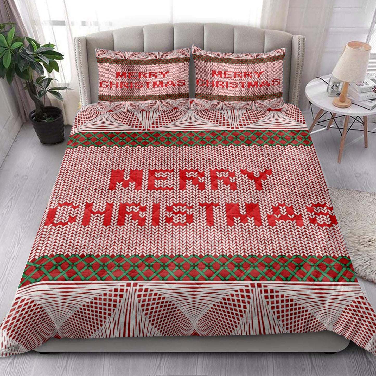 Christmas Quilt Set, Merrymas Knitted Red Plaid Xmas Holidays Quilt Blanket With Pillowcases, Quilt Bedding Set, Christmas Gift