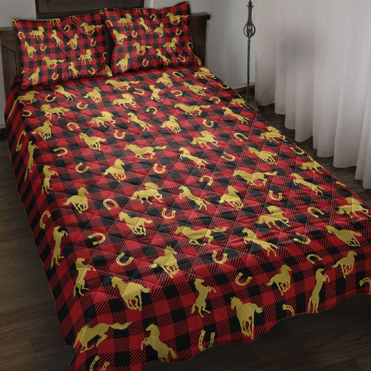 Horse Quilt Set, Horse Horseshoe Gold Glittermas Red Buffalo Plaid Quilt Blanket With Pillowcases, Quilt Bedding Set, Christmas Gift