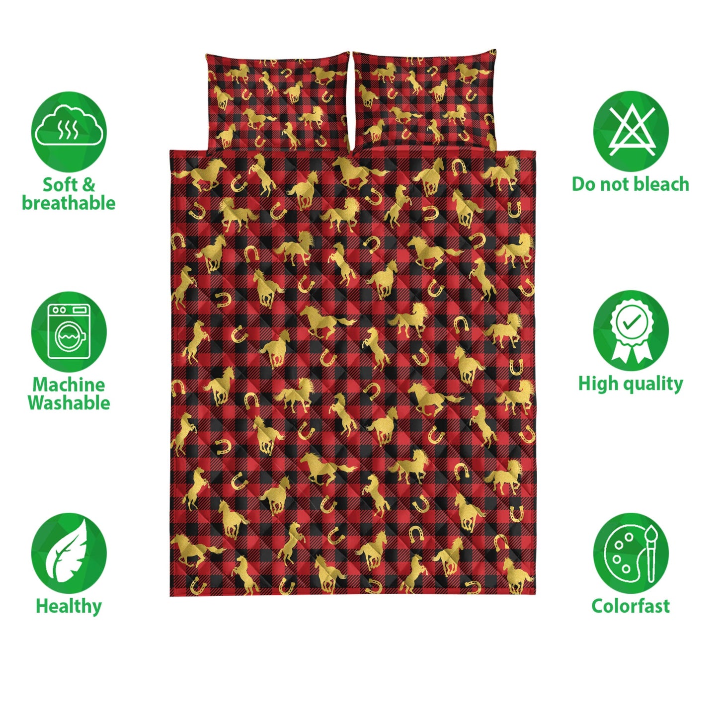 Horse Quilt Set, Horse Horseshoe Gold Glittermas Red Buffalo Plaid Quilt Blanket With Pillowcases, Quilt Bedding Set, Christmas Gift