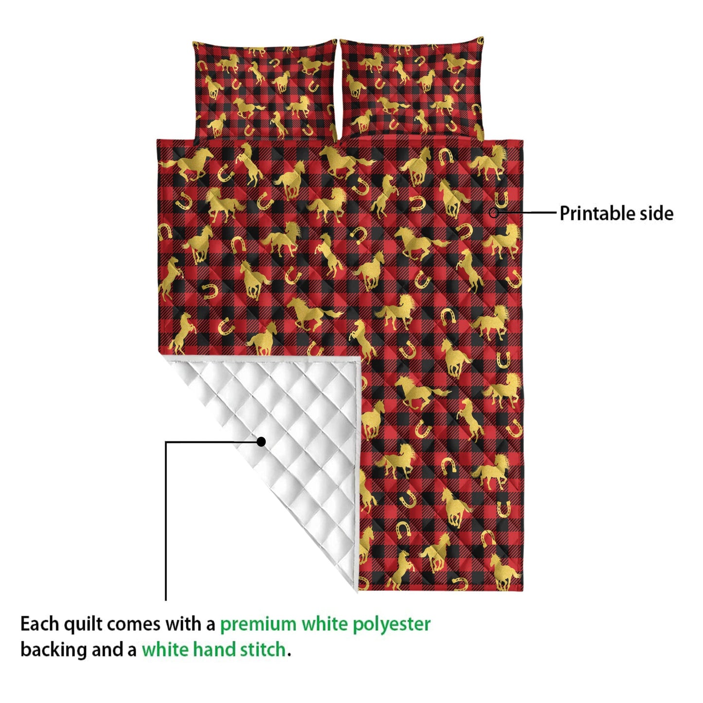 Horse Quilt Set, Horse Horseshoe Gold Glittermas Red Buffalo Plaid Quilt Blanket With Pillowcases, Quilt Bedding Set, Christmas Gift