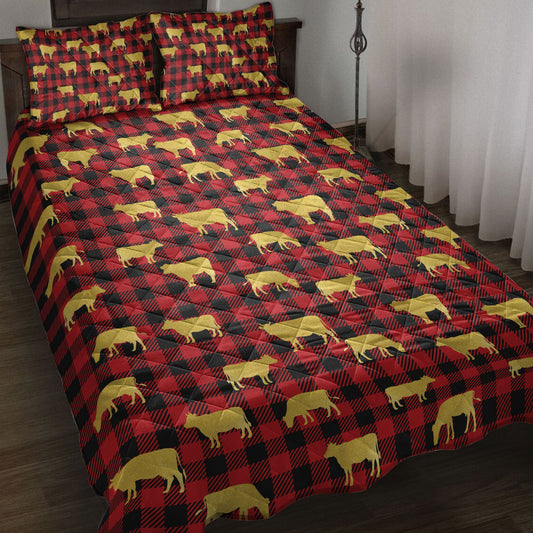 Cow Quilt Set, Gold Glittermas Red Buffalo Plaid Quilt Blanket With Pillowcases, Quilt Bedding Set, Christmas Gift
