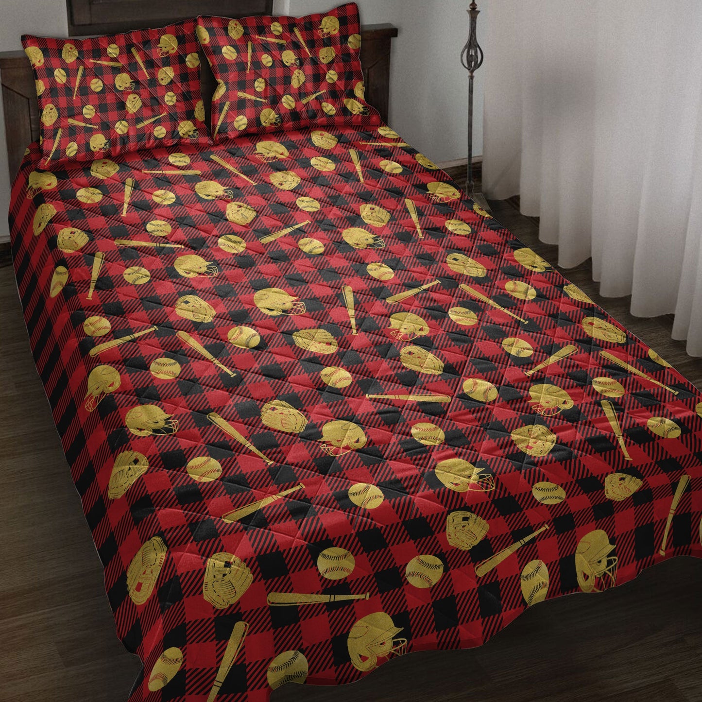 Baseball Quilt Set, Baseball Gold Glittermas Red Buffalo Plaid Quilt Blanket With Pillowcases, Quilt Bedding Set, Christmas Gift, Sports Gifts