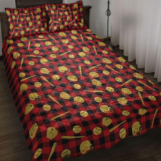 Baseball Quilt Set, Baseball Gold Glittermas Red Buffalo Plaid Quilt Blanket With Pillowcases, Quilt Bedding Set, Christmas Gift, Sports Gifts