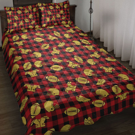 Football Quilt Set, Football Gold Glittermas Red Buffalo Plaid Quilt Blanket With Pillowcases, Quilt Bedding Set, Christmas Gift