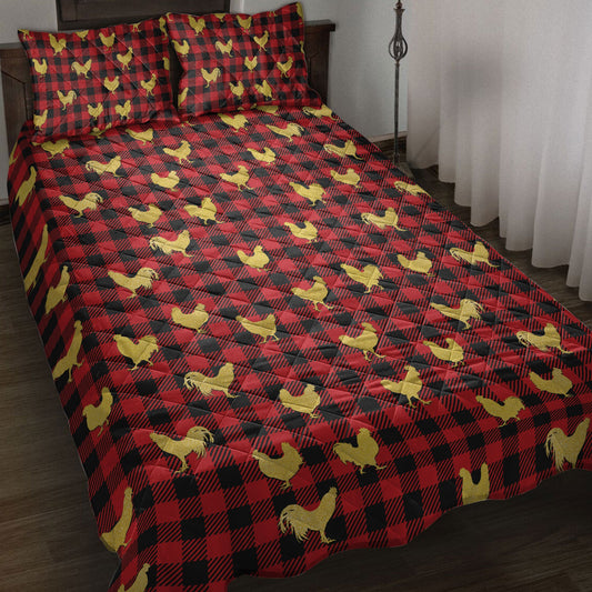 Chicken Quilt Set, Chicken Gold Glittermas Red Buffalo Plaid Quilt Blanket With Pillowcases, Quilt Bedding Set, Christmas Gift