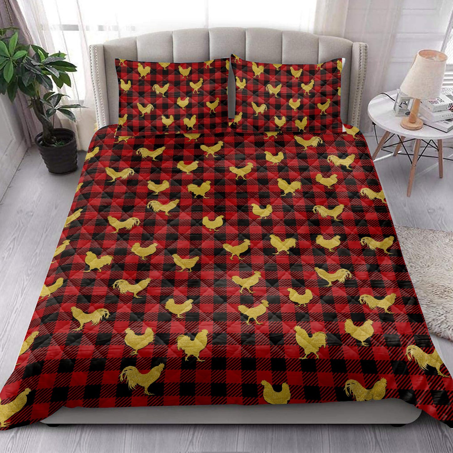 Chicken Quilt Set, Chicken Gold Glittermas Red Buffalo Plaid Quilt Blanket With Pillowcases, Quilt Bedding Set, Christmas Gift