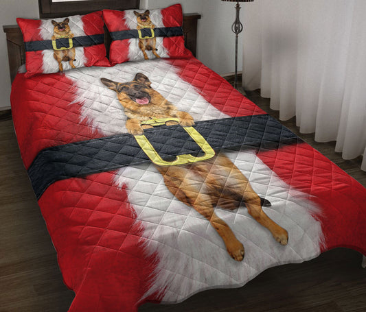 German Shepherd Quilt Set, German Shepherd With Santa Cla Us Quilt Blanket With Pillowcases, Quilt Bedding Set