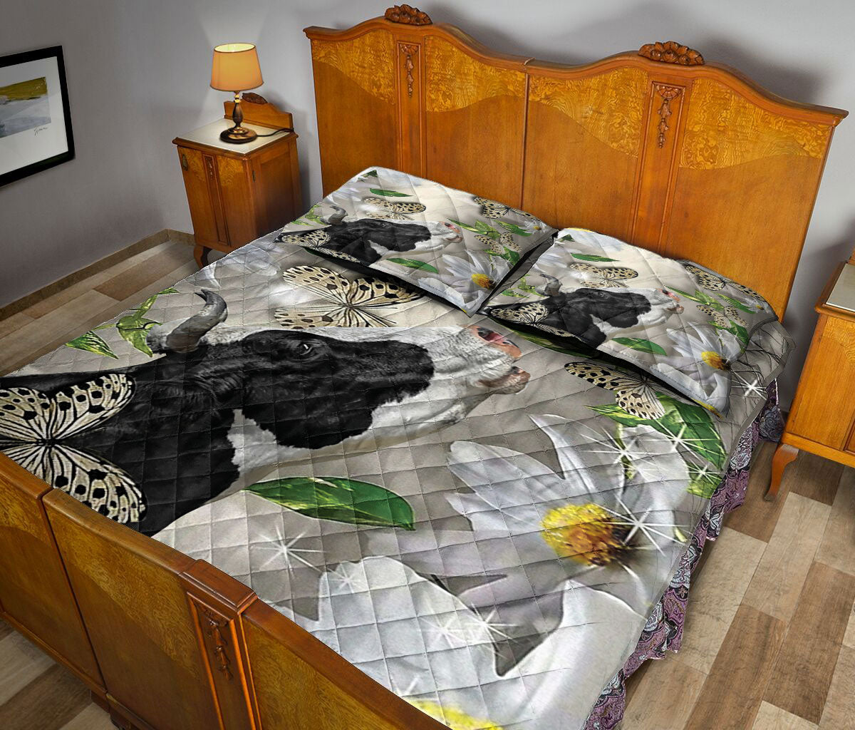 Cattle Quilt Set, Cow With Butterfly And Flower Love Farms Quilt Blanket With Pillowcases, Quilt Bedding Set