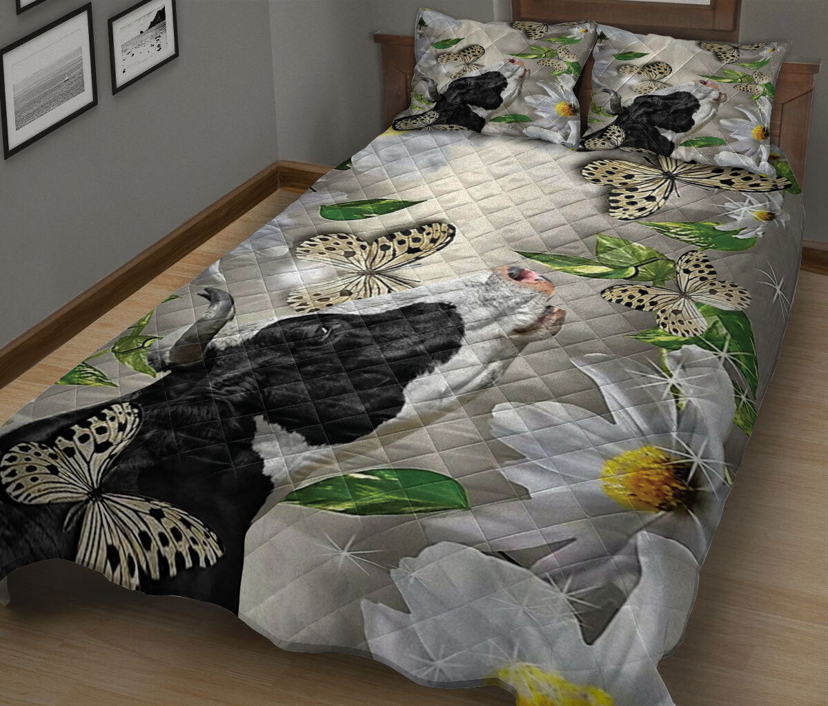 Cattle Quilt Set, Cow With Butterfly And Flower Love Farms Quilt Blanket With Pillowcases, Quilt Bedding Set
