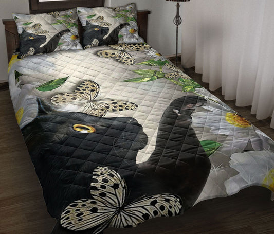 Black Cat,Cat Quilt Set, Black Cat With Butterfly And Daisy Flower Quilt Blanket With Pillowcases, Quilt Bedding Set