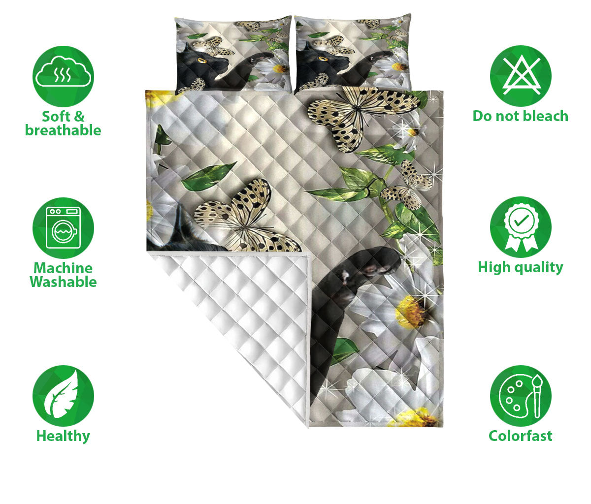 Black Cat,Cat Quilt Set, Black Cat With Butterfly And Daisy Flower Quilt Blanket With Pillowcases, Quilt Bedding Set