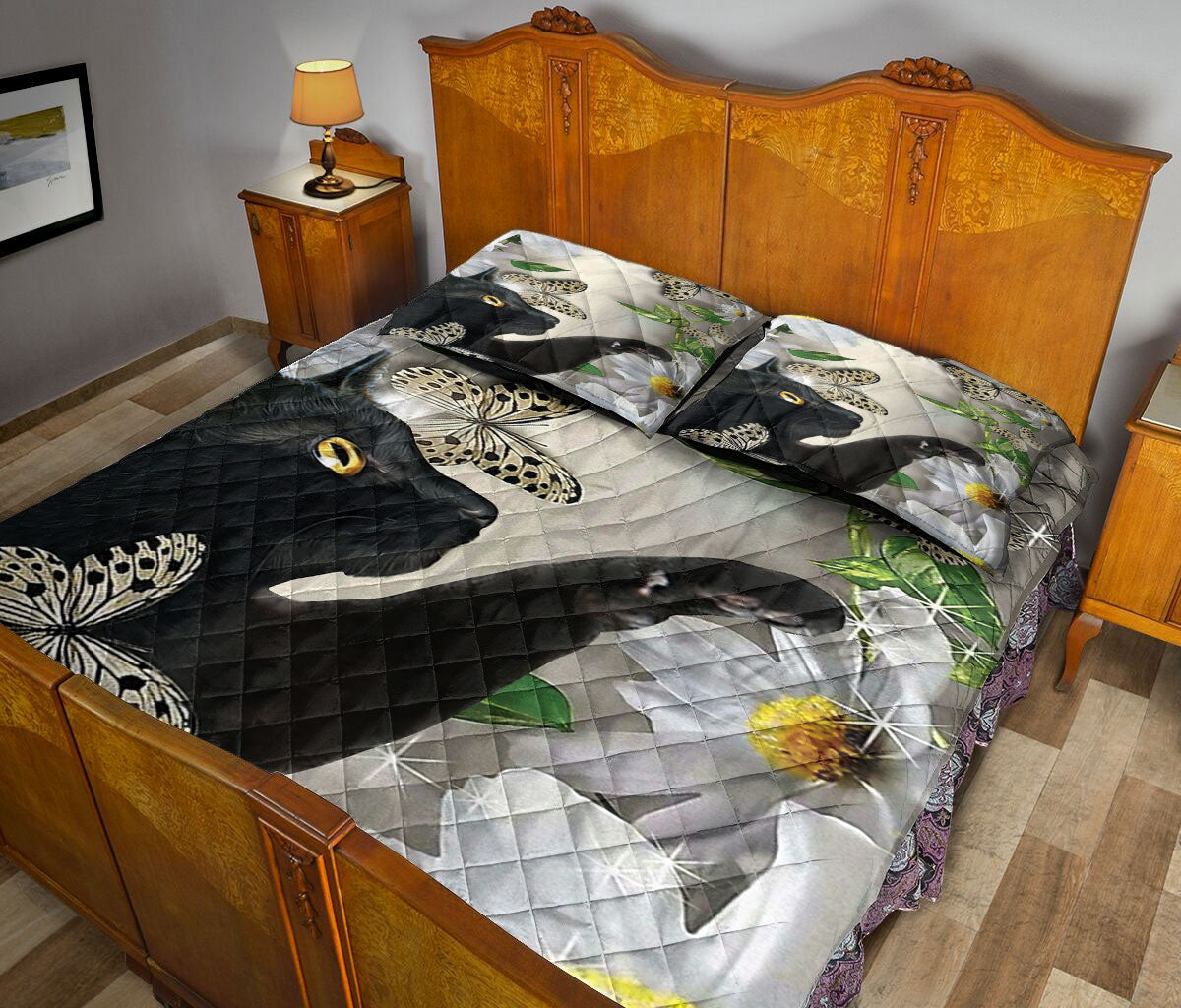 Black Cat,Cat Quilt Set, Black Cat With Butterfly And Daisy Flower Quilt Blanket With Pillowcases, Quilt Bedding Set