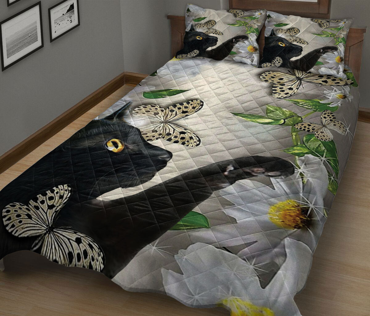 Black Cat,Cat Quilt Set, Black Cat With Butterfly And Daisy Flower Quilt Blanket With Pillowcases, Quilt Bedding Set