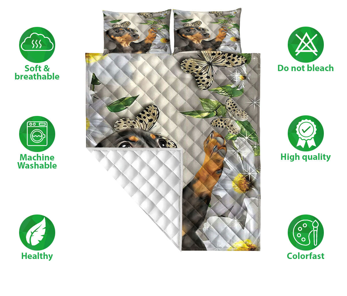 Dachshund Quilt Set, Dachshund With Butterfly And Daisy Flower Quilt Blanket With Pillowcases, Quilt Bedding Set