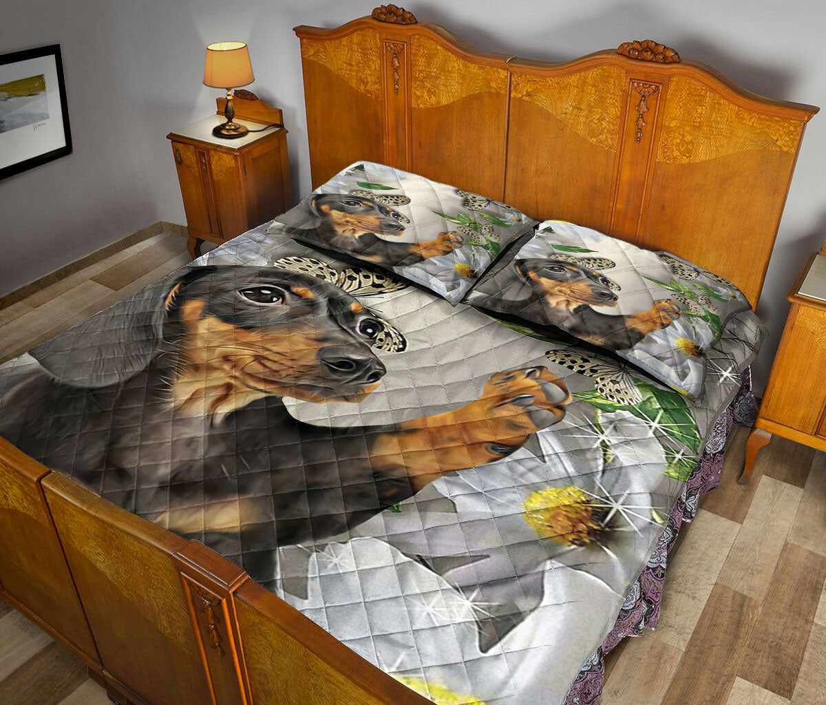 Dachshund Quilt Set, Dachshund With Butterfly And Daisy Flower Quilt Blanket With Pillowcases, Quilt Bedding Set