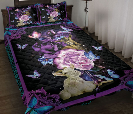 Goat Quilt Set, Goat And Butterfly With Purple Flower Quilt Blanket With Pillowcases, Quilt Bedding Set