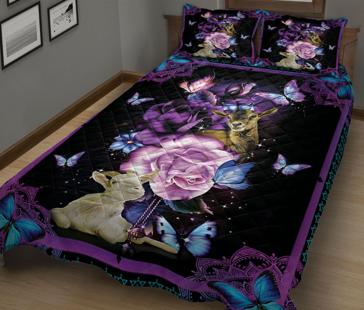 Goat Quilt Set, Goat And Butterfly With Purple Flower Quilt Blanket With Pillowcases, Quilt Bedding Set