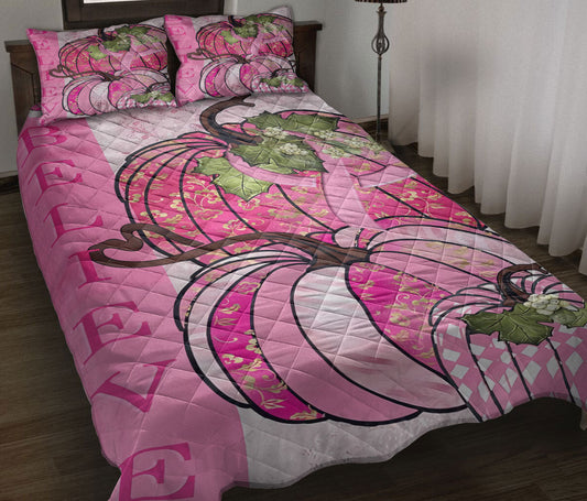 Breast Cancer Quilt Set, Pumpkin Breast Cancer Believe Gillter Quilt Blanket With Pillowcases, Quilt Bedding Set