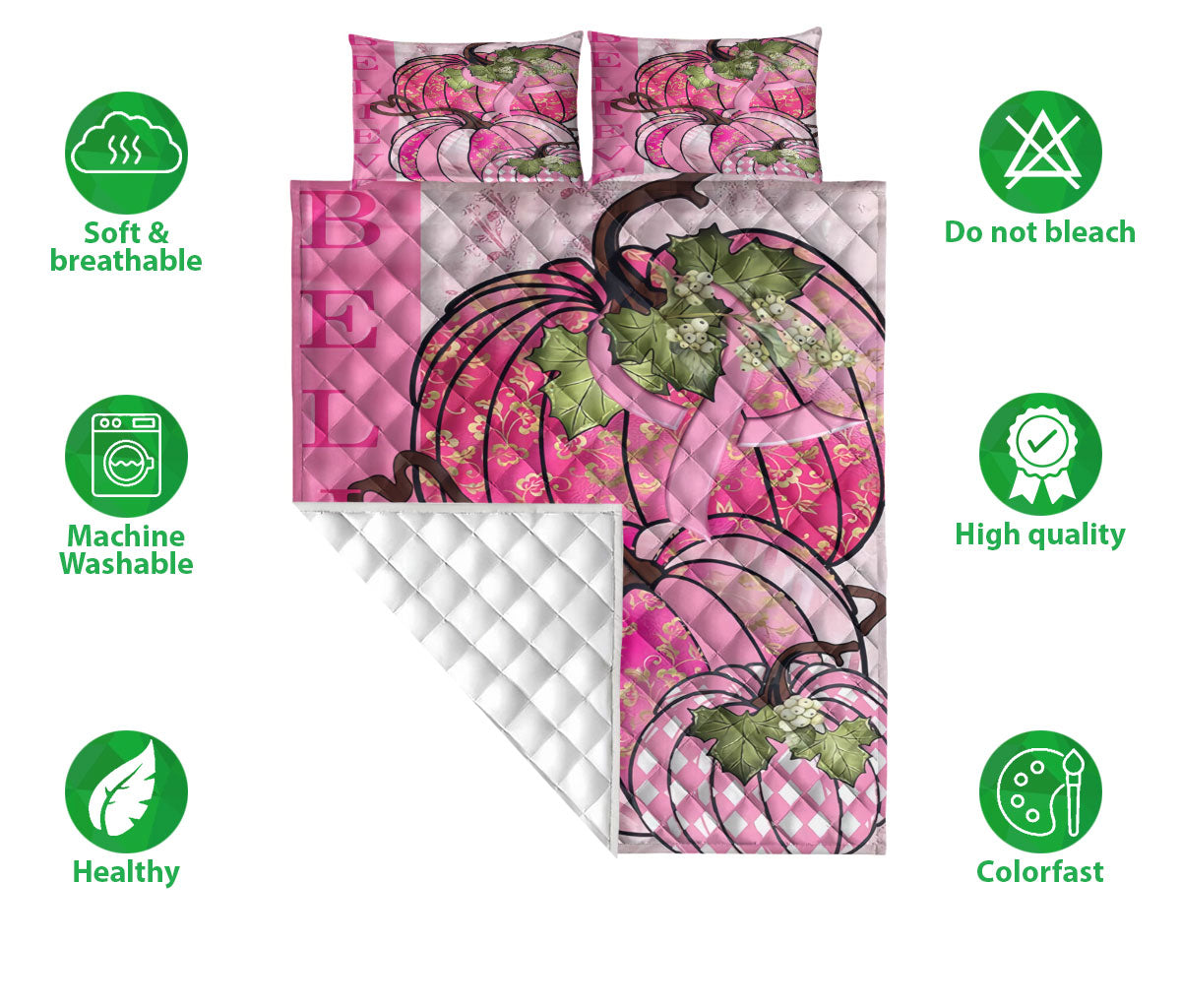 Breast Cancer Quilt Set, Pumpkin Breast Cancer Believe Gillter Quilt Blanket With Pillowcases, Quilt Bedding Set