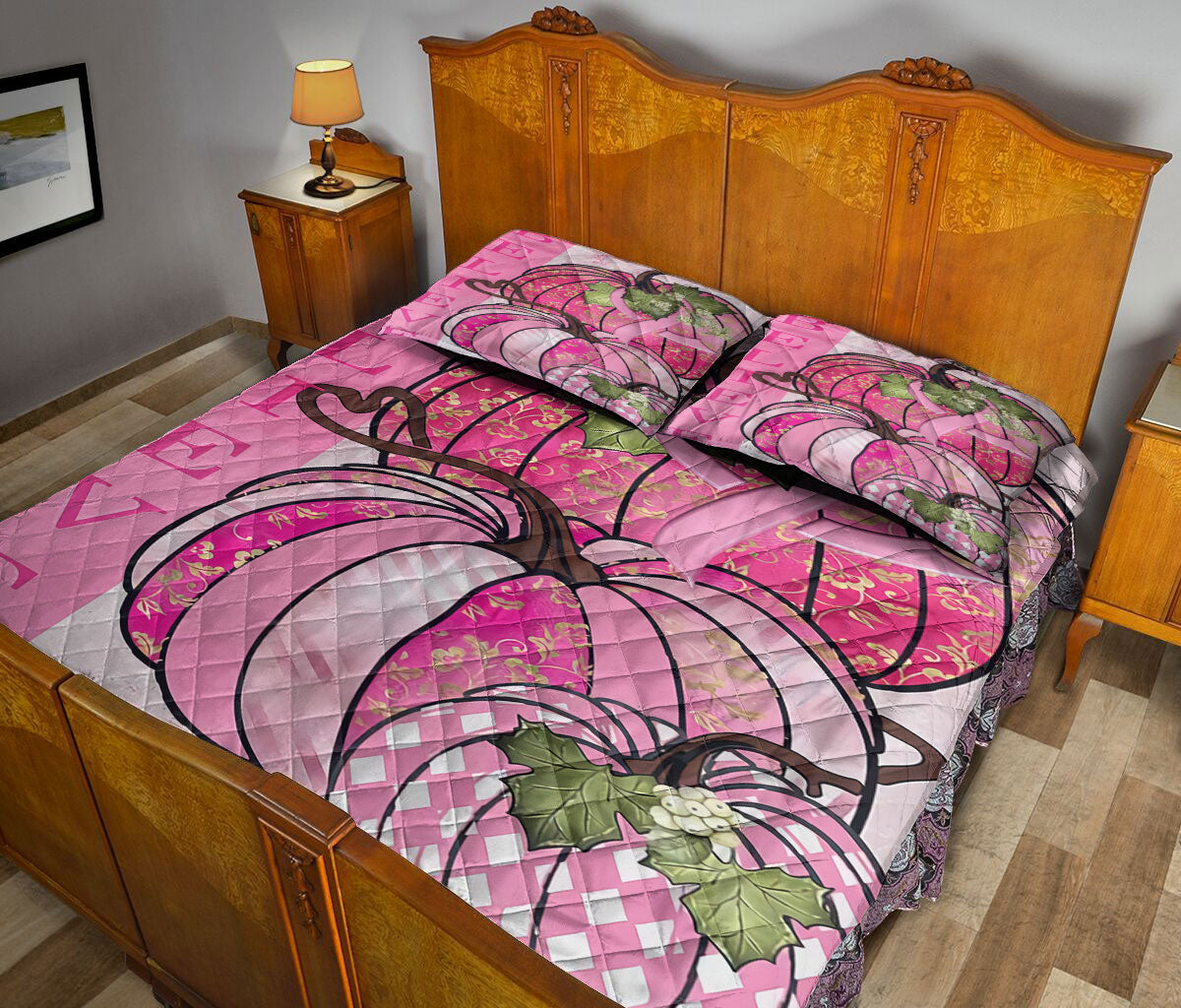 Breast Cancer Quilt Set, Pumpkin Breast Cancer Believe Gillter Quilt Blanket With Pillowcases, Quilt Bedding Set