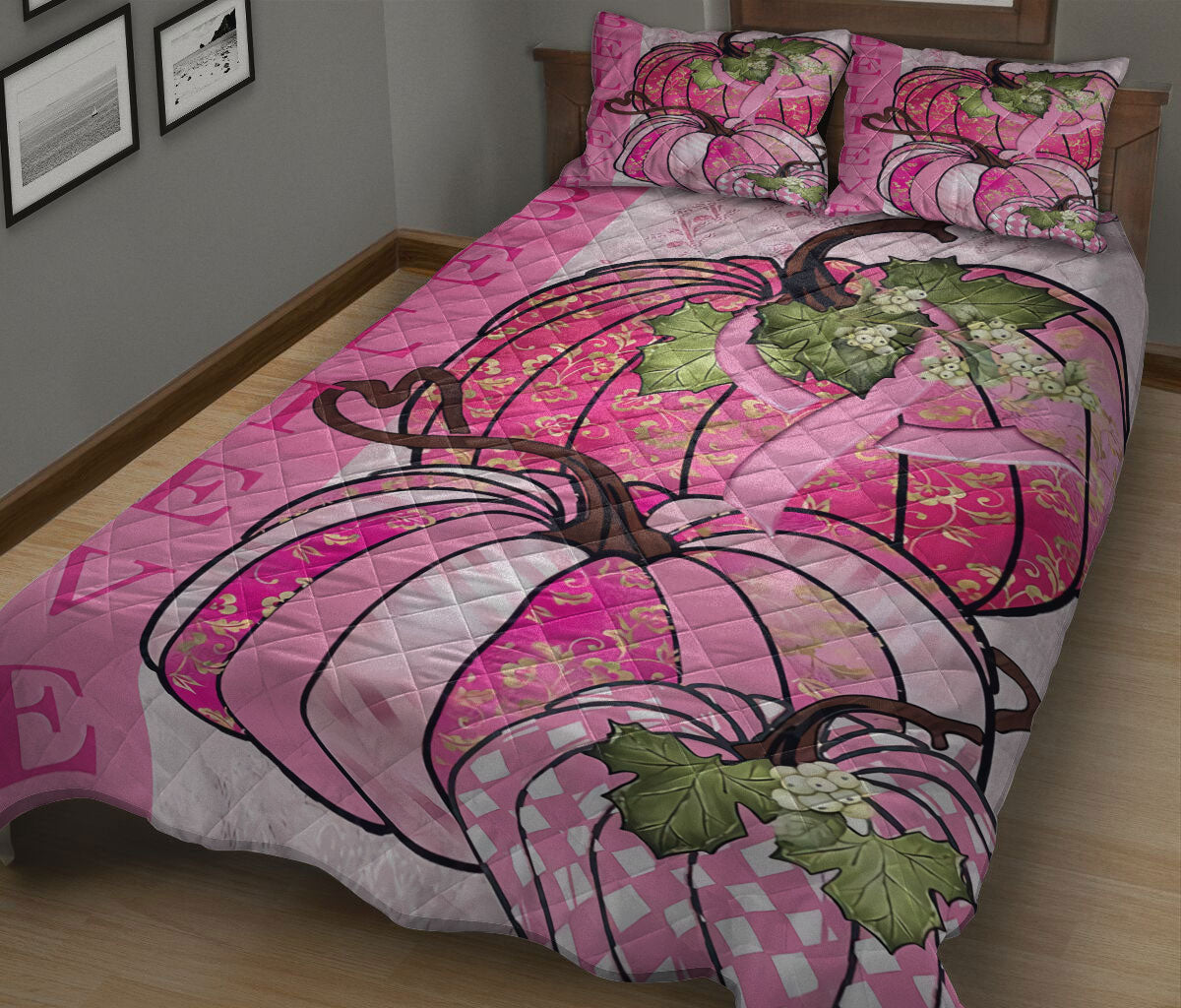 Breast Cancer Quilt Set, Pumpkin Breast Cancer Believe Gillter Quilt Blanket With Pillowcases, Quilt Bedding Set