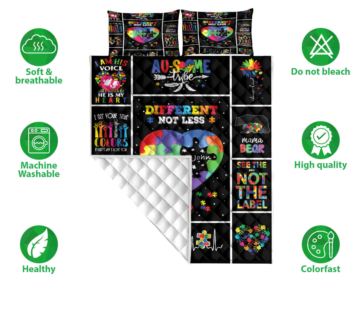 Autism Quilt Set, Asd Autism Awareness Different Not Less Quilt Blanket With Pillowcases, Quilt Bedding Set