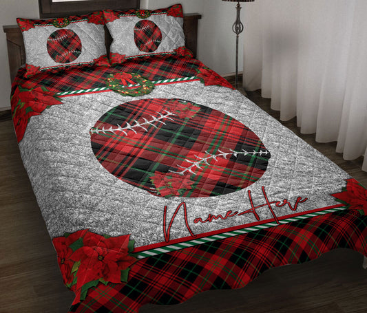Personalized Softball Quilt Set, Christmas Red Plaid Softballmas Holiday Quilt Blanket With Pillowcases, Custom Name Quilt Bedding Set, Christmas Gift