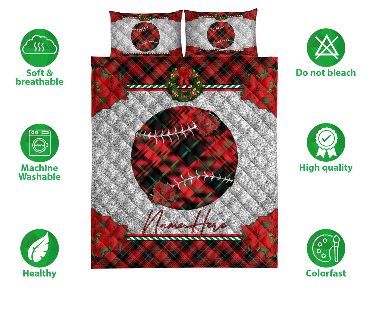 Personalized Softball Quilt Set, Christmas Red Plaid Softballmas Holiday Quilt Blanket With Pillowcases, Custom Name Quilt Bedding Set, Christmas Gift