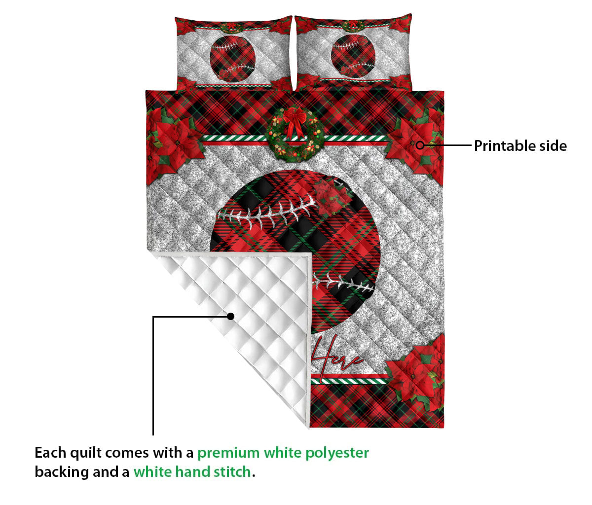 Personalized Softball Quilt Set, Christmas Red Plaid Softballmas Holiday Quilt Blanket With Pillowcases, Custom Name Quilt Bedding Set, Christmas Gift