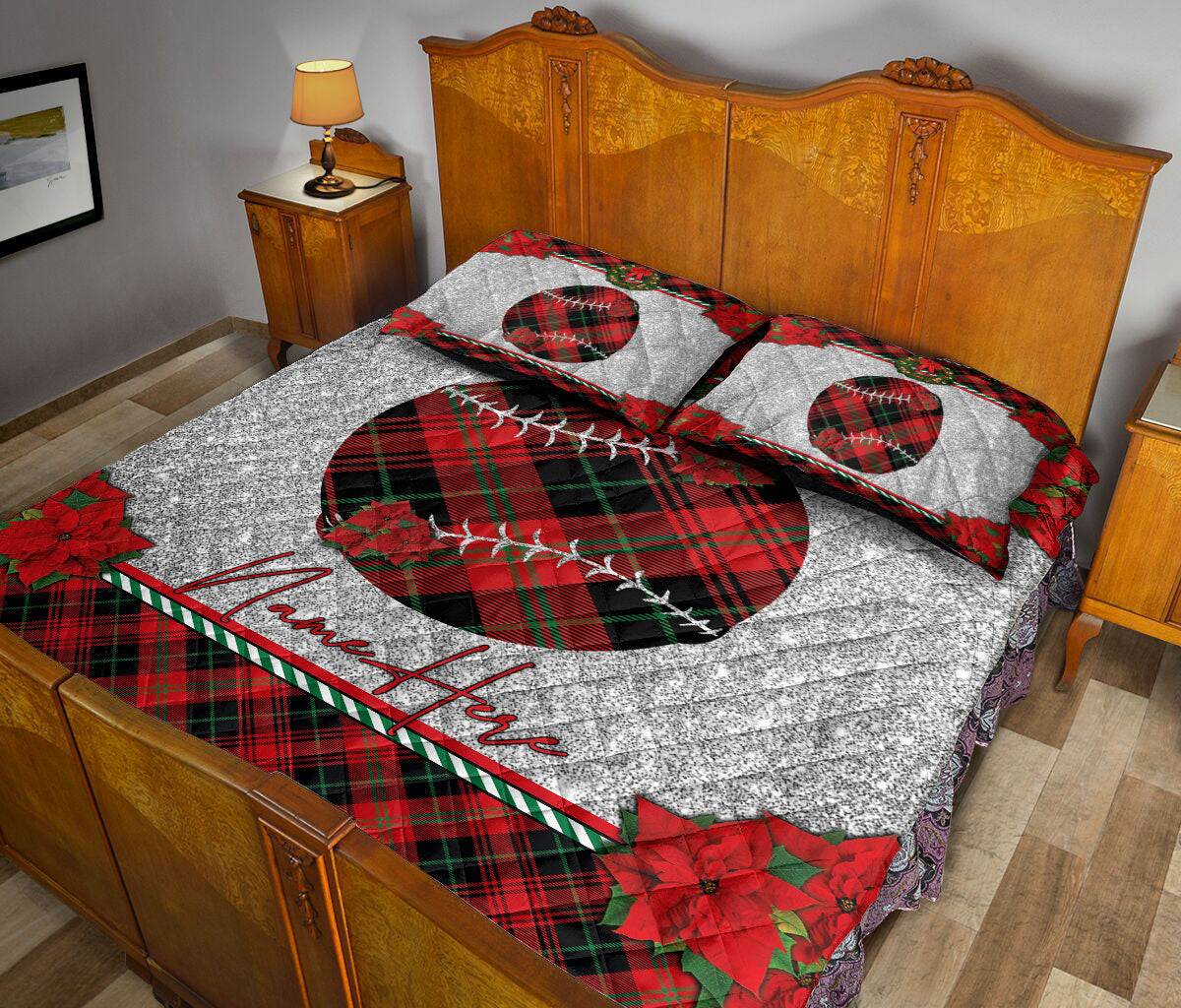Personalized Softball Quilt Set, Christmas Red Plaid Softballmas Holiday Quilt Blanket With Pillowcases, Custom Name Quilt Bedding Set, Christmas Gift