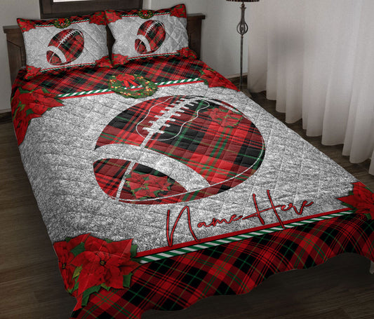 Personalized Football Quilt Set, Christmas Red Plaid American Football Xmas Holiday Quilt Blanket With Pillowcases, Quilt Bedding Set