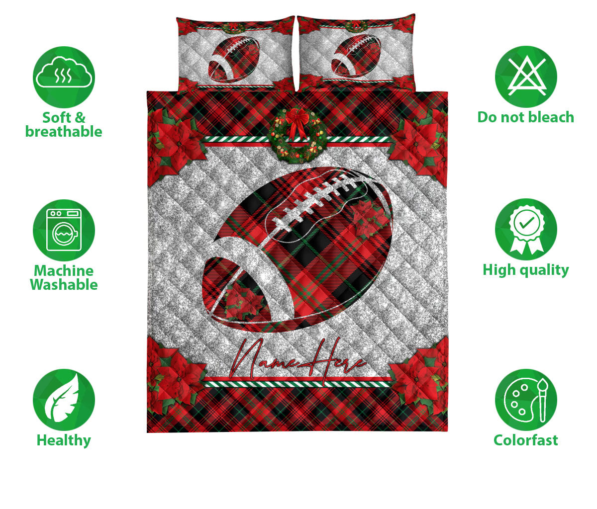 Personalized Football Quilt Set, Christmas Red Plaid American Football Xmas Holiday Quilt Blanket With Pillowcases, Quilt Bedding Set