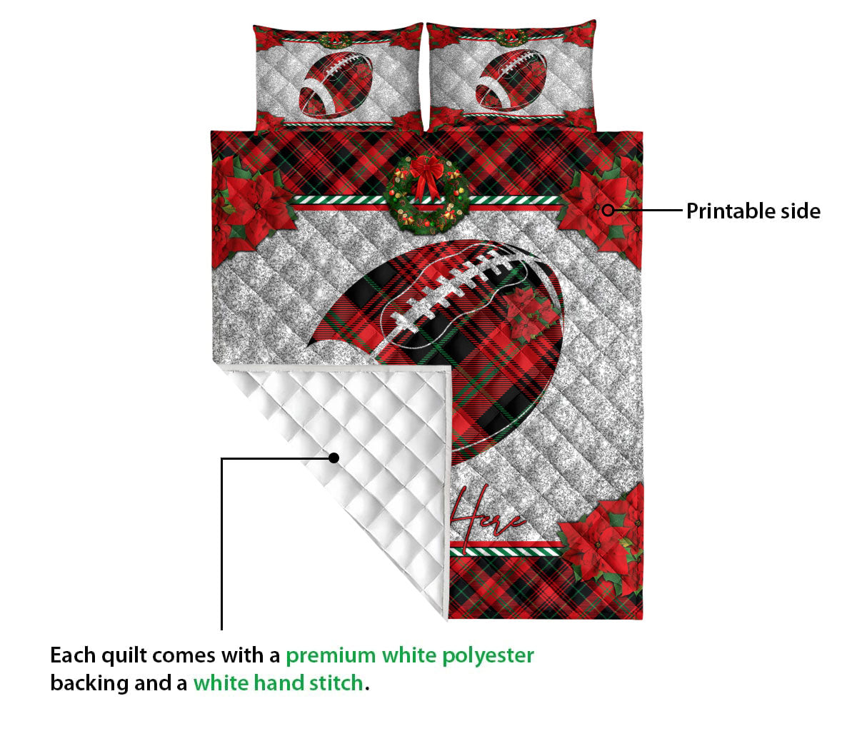 Personalized Football Quilt Set, Christmas Red Plaid American Football Xmas Holiday Quilt Blanket With Pillowcases, Quilt Bedding Set