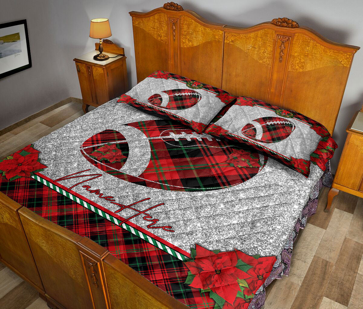 Personalized Football Quilt Set, Christmas Red Plaid American Football Xmas Holiday Quilt Blanket With Pillowcases, Quilt Bedding Set