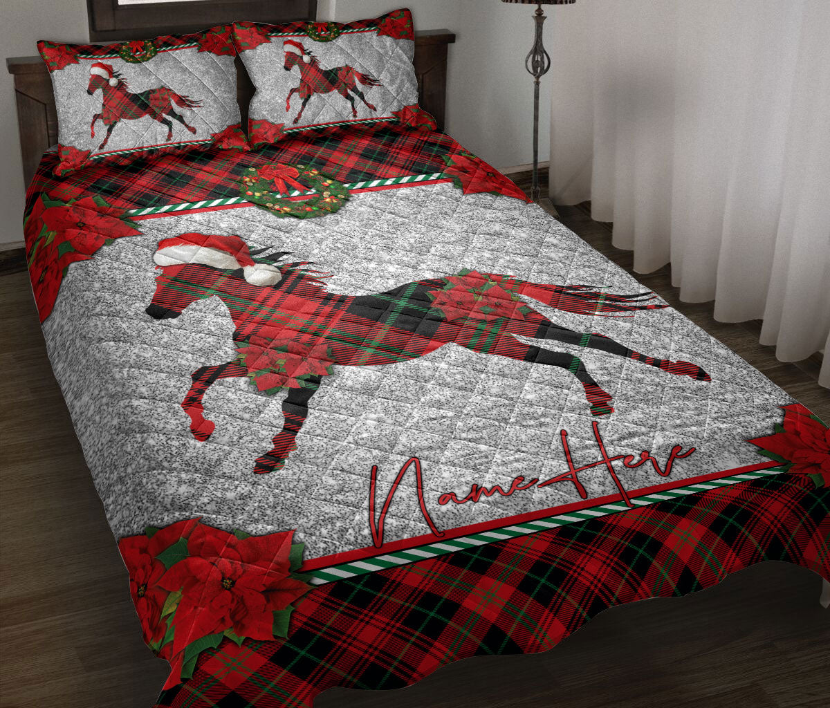 Personalized Horse Quilt Set, Christmas Red Plaid Horse Santa Hat Quilt Blanket With Pillowcases, Custom Name Quilt Bedding Set, Christmas Gift