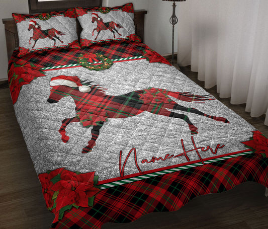 Personalized Horse Quilt Set, Christmas Red Plaid Horse Santa Hat Quilt Blanket With Pillowcases, Custom Name Quilt Bedding Set, Christmas Gift