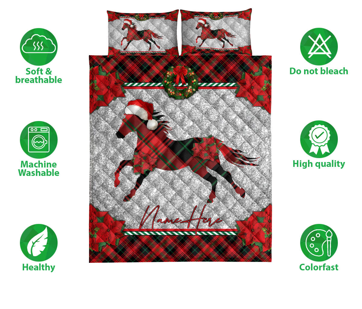 Personalized Horse Quilt Set, Christmas Red Plaid Horse Santa Hat Quilt Blanket With Pillowcases, Custom Name Quilt Bedding Set, Christmas Gift