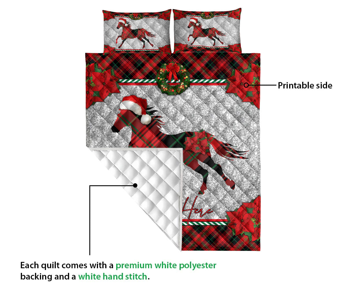 Personalized Horse Quilt Set, Christmas Red Plaid Horse Santa Hat Quilt Blanket With Pillowcases, Custom Name Quilt Bedding Set, Christmas Gift