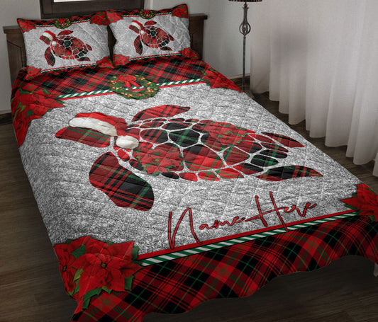 Personalized Turtle Quilt Set, Christmas Red Plaid Turtle Santa Hat Xmas Quilt Blanket With Pillowcases, Custom Name Quilt Bedding Set, Christmas Gift