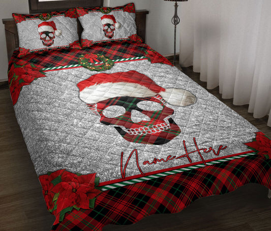 Personalized Skull Quilt Set, Skull With Santa Hat Red Plaid Quilt Blanket With Pillowcases, Custom Name Quilt Bedding Set, Christmas Gift