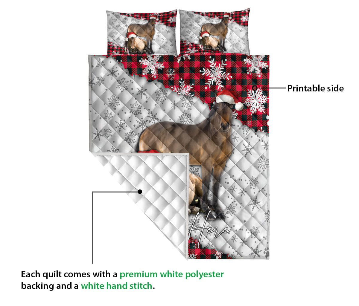 Personalized Horse Quilt Set, Christmas Red Plaid Horse Snowflakes Quilt Blanket With Pillowcases, Custom Name Quilt Bedding Set, Christmas Gift