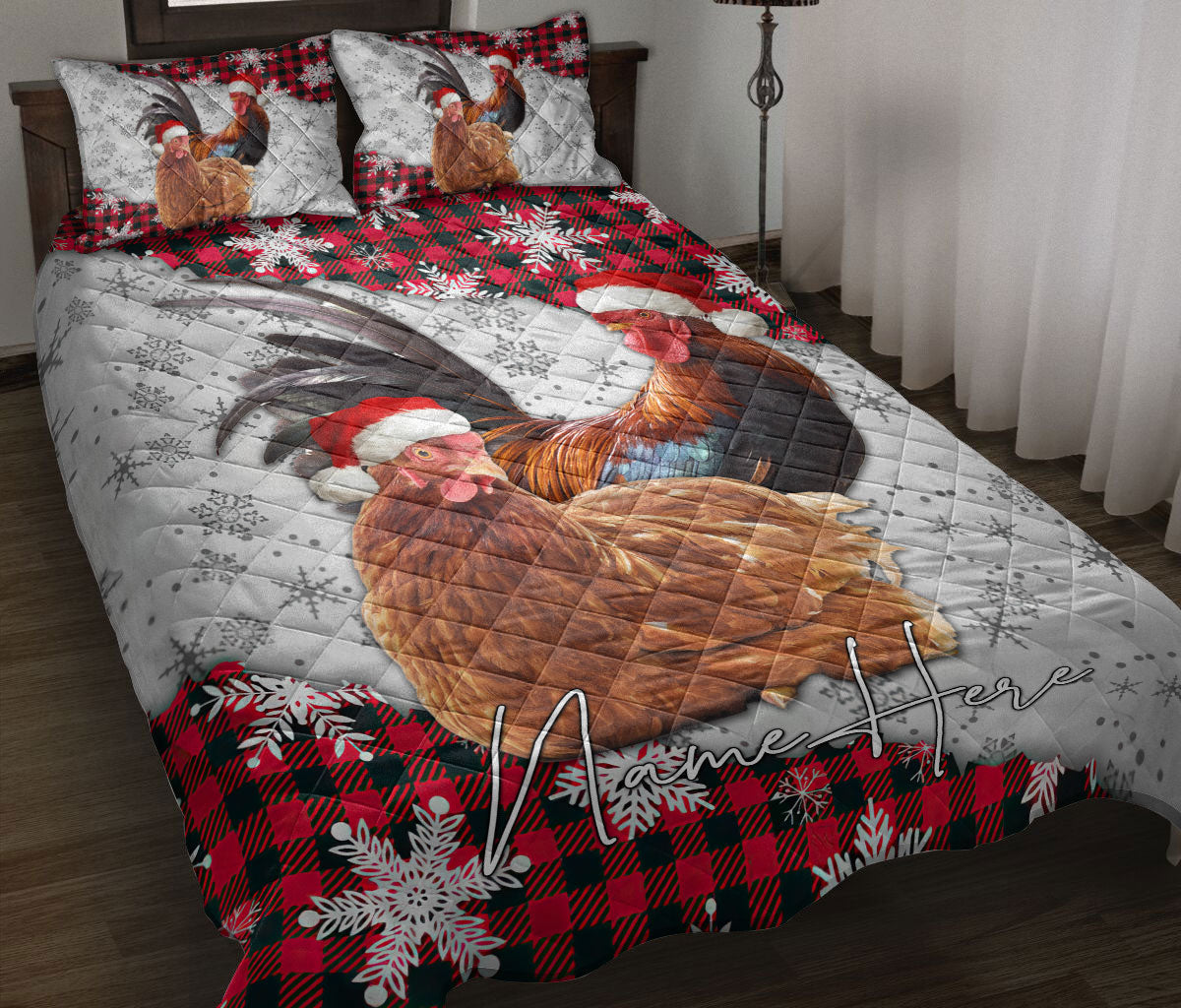 Personalized Chicken Quilt Set, Christmas Red Plaid Chicken Snowflakes Quilt Blanket With Pillowcases, Custom Name Quilt Bedding Set, Christmas Gift
