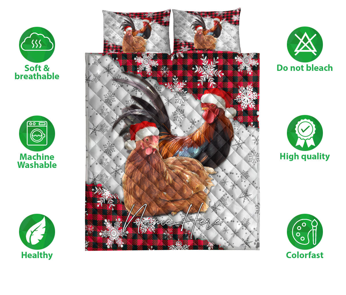 Personalized Chicken Quilt Set, Christmas Red Plaid Chicken Snowflakes Quilt Blanket With Pillowcases, Custom Name Quilt Bedding Set, Christmas Gift