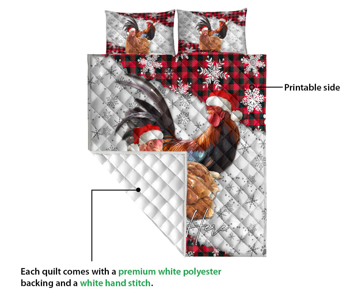 Personalized Chicken Quilt Set, Christmas Red Plaid Chicken Snowflakes Quilt Blanket With Pillowcases, Custom Name Quilt Bedding Set, Christmas Gift